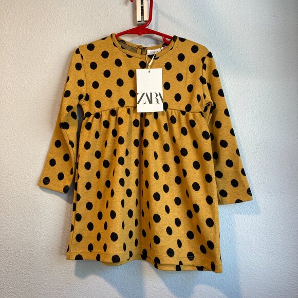Zara NWT Kid Size 2-3 Long Sleeve Polka Dot Dress Knit High Waist Button Closure - Picture 1 of 4